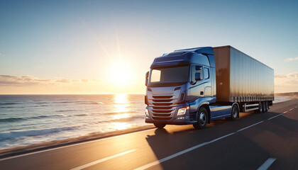 Wall Mural - A truck with a trailer is driving along the road at dawn along the ocean or sea. Logistics and international cargo transportation. Truck is driving fast with a blurry environment.