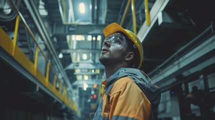 Poster - An engineer is inspecting work in a factory and wearing a safety helmet
