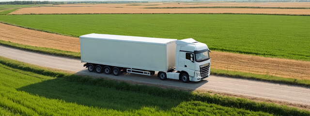 Wall Mural - A truck with a trailer is driving along a country road along green fields on a sunny day. Logistics and international cargo transportation. Truck is driving fast with a blurry environment.