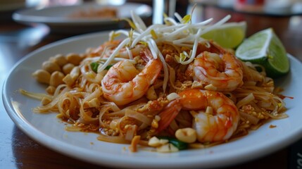 Wall Mural - Exquisite Thai Pad Thai Noodles with Shrimp, Peanuts, Bean Sprouts, and Lime Slices on Plate