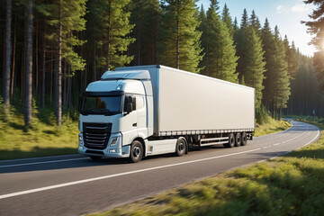 Wall Mural - A truck with a trailer is driving along the highway along the forest. Logistics and international cargo transportation. Truck is driving fast with a blurry environment. Concept of cargo transportation