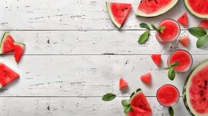 Poster - Fresh watermelon slices and drinks on a wooden table. Refreshing summer concept with vibrant colors. Suitable for food blogs and healthy lifestyle themes. AI