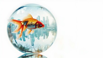 Wall Mural - Urban Oasis: Double Exposure City Skyline Hides Within a Goldfish Bowl