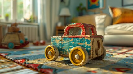 A vintage toy, paint peeling and wood rotting, yet still treasured in a family s living room, nostalgic, softfocus, illustration