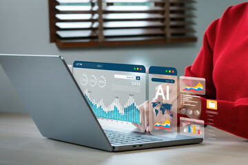 Business people using website or AI software technology analyze data and big data technology. business analysis and display images of complex data sets on a computer on the screen. artificial