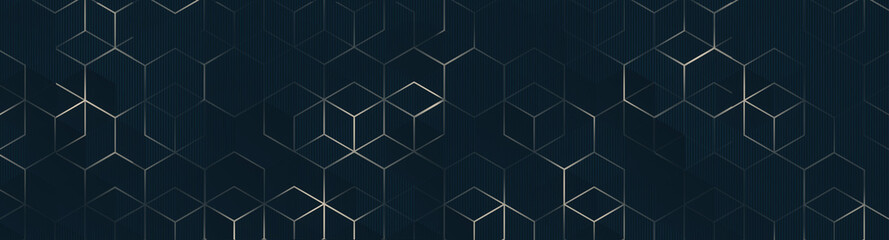 Wall Mural - luxury hexagonal navy green emerald blue metal background with golden beige light lines. dark sea wa