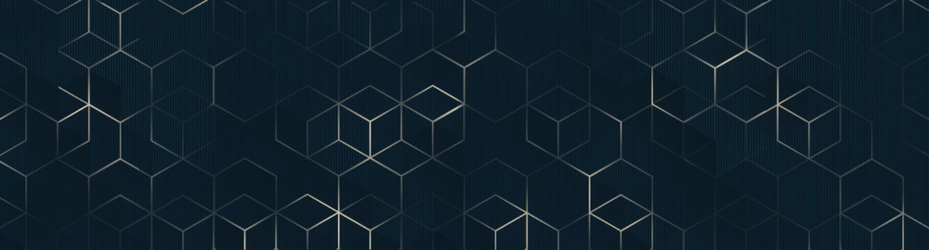 Luxury hexagonal navy green emerald blue metal background with golden beige light lines. Dark sea wave 3d geometric texture illustration. Bright grid pattern. Pure horizontal banner wallpaper. Elegant