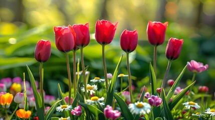 Sticker - Beautiful Spring Garden with Red Tulips in Bloom. Bright and Colorful Flower Bed in Natural Light. Perfect for Nature and Gardening Themes. AI