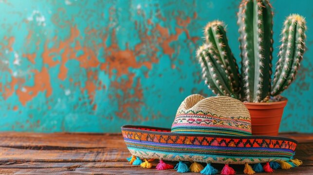Cinco de Mayo holiday season, Mexican cactus, party sombrero, wooden table, copy and text space, 16:9