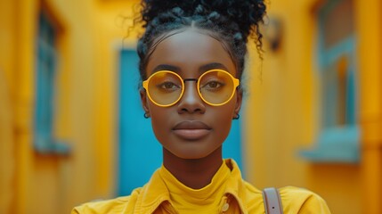 Young black woman wearing yellow sunglasses yellow turtleneck blouse in front yellow background concept influencer culture