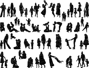 Wall Mural - set of silhouettes of mother and children, woman with children on a white background vector