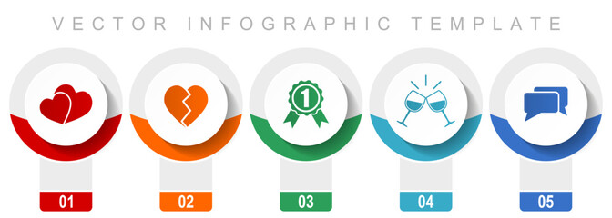 Leinwandbilder - Love icon set, miscellaneous vector icons such as heart, badge, toast and chat, modern design infographic template, web buttons in 5 color options