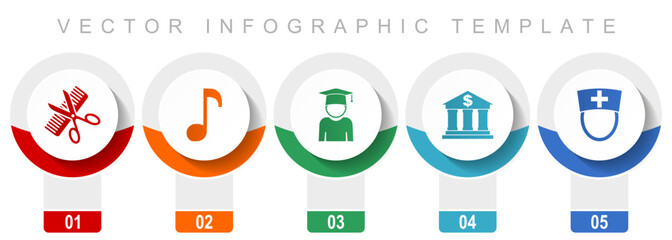 Leinwandbilder - Education icon set, miscellaneous vector icons such as barber shop, music, study, bank and doctor, modern design infographic template, web buttons in 5 color options