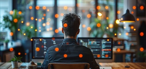 A programmer working on multiple screens surrounded by abstract lights, representing data flow and technological innovation.