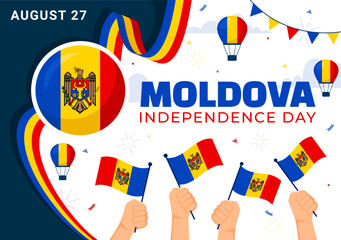 Wall Mural - Moldova Independence Day Vector Illustration for August 27 featuring a Waving Flag in a National Holiday Flat Cartoon Style Background