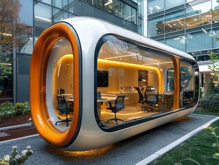 Futuristic modular office pod with modern design, transparent walls, and ergonomic seating, situated in a contemporary corporate environment.