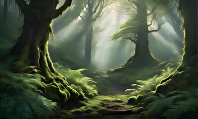 Wall Mural - a closeup photo illustration of a deserted forest in the morning =AI generated illustration