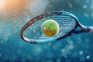 closeup of a racket hitting a tennis ball on a defocused bokeh background