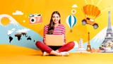 Fototapeta  - Woman Planning Travel with Laptop and Colorful Background.