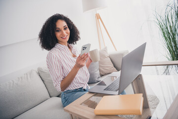 Poster - Photo of adorable pretty woman sitting on sofa reading social media white light interior living room indoors