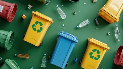 Sticker - Containers with different types of garbage on beige background, Recycling concept,Colorful recycle bins on greden background, Recycling concept,waste and rubbish sorting concept
