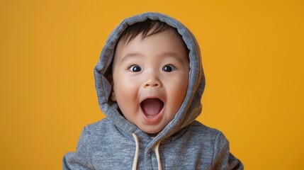 close-up portrait of a surprised asian toddler baby with open mouth in a casual hoodie on an isolate