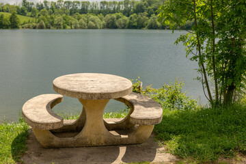 Wall Mural - wooden bridge in the park, clouds over the river, langres, La Liez