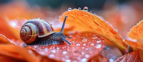 Canvas Print - Beautiful snail with morning dew with water drops in spring nature