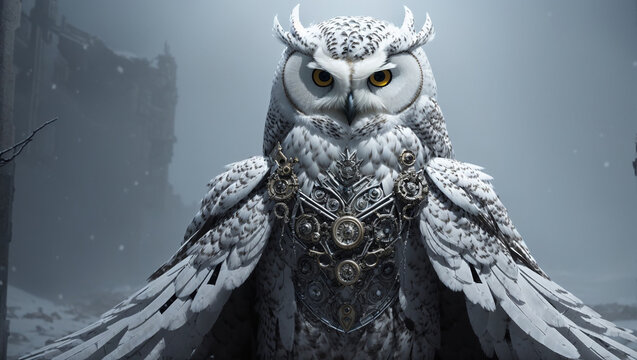  a painting of a white owl with yellow eyes and silver armor.