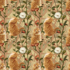 A seamless pattern with adorable kittens and flowers