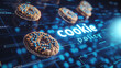 © salarko - Cookie policy text on a blue digital background with flying cookies. Concept of online privacy and data protection on Internet