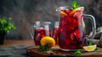 Hibiscus iced tea with fresh mint leaves and lemon slices in a pitcher.