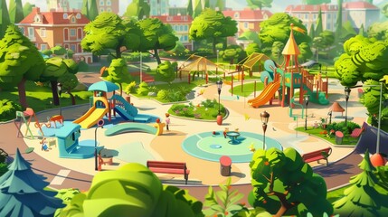 Wall Mural - Fun cartoon city with parks and playgrounds