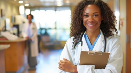 Confident black female doctor smiling at camera in hospital hallway