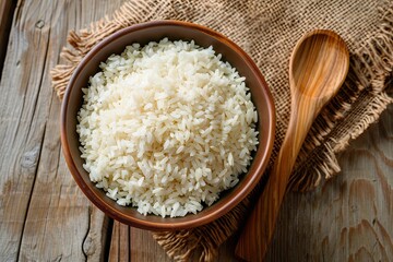 A bowl filled with cooked white rice sits on a wooden table, next to a wooden spoon. Generative AI