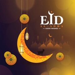 Sticker - Bakrid eid al adha wishes or greeting social media post design with lamps and moon gradient background vector illustration