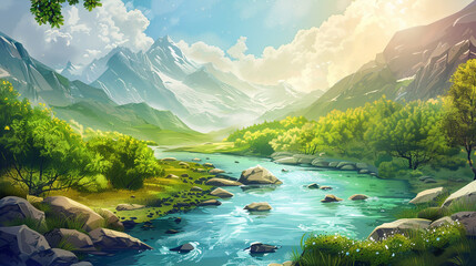 Wall Mural - Craft an artistic rendition of a tranquil river flowing through a mountainous region, employing layered vector elements for depth.