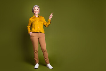 Poster - Full length photo of charming positive woman wear shirt smiling showing empty space isolated khaki color background