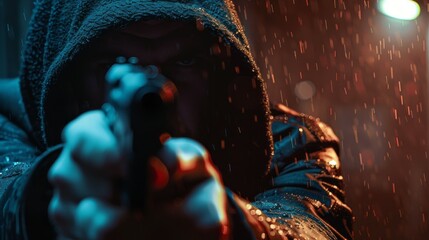 A man in a hoodie is holding a gun and looking at the camera