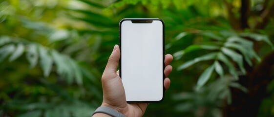 A hand holding a smartphone with a blank screen amidst a green, leafy backdrop, ideal for technology promotion or digital invitations.