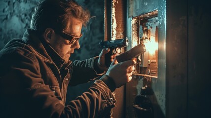 Wall Mural - A man is holding a gun and looking through a door