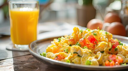 Wall Mural - Nutritious breakfast of scrambled eggs with vegetable