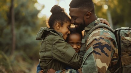 A man in a camo jacket is hugging two children
