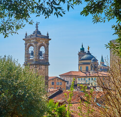 Canvas Print - Old bell towers through the olive trees, Bergamo, Italy