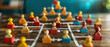 © Nano Photos - An image depicting a wooden board with colorful pawn game pieces arranged to represent a complex network or hierarchy, likely symbolizing social or organizational structure.