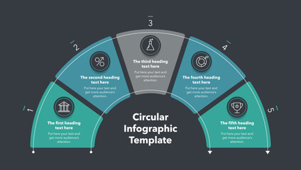 Fototapete - Circular infographic diagram divided into five stages - dark version. Flat design with minimalistic icons and place for your texts.