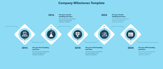 Aufkleber - Horizontal timeline infographic template with five steps - blue version. SImple chart design for workflow layout, diagram, banner, web design.