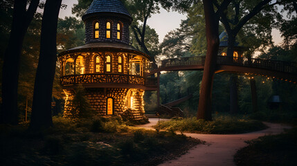 A magical fairy house nestled in the dark woods, illuminated by the moonlight's gentle glow.