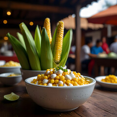 Esquites Corn kernels cooked and served with mayo sour