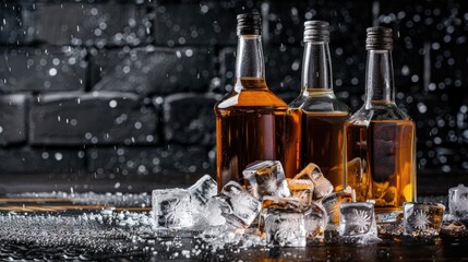 Wall Mural - glass bottles with alcohol in ice cubes. Selective focus